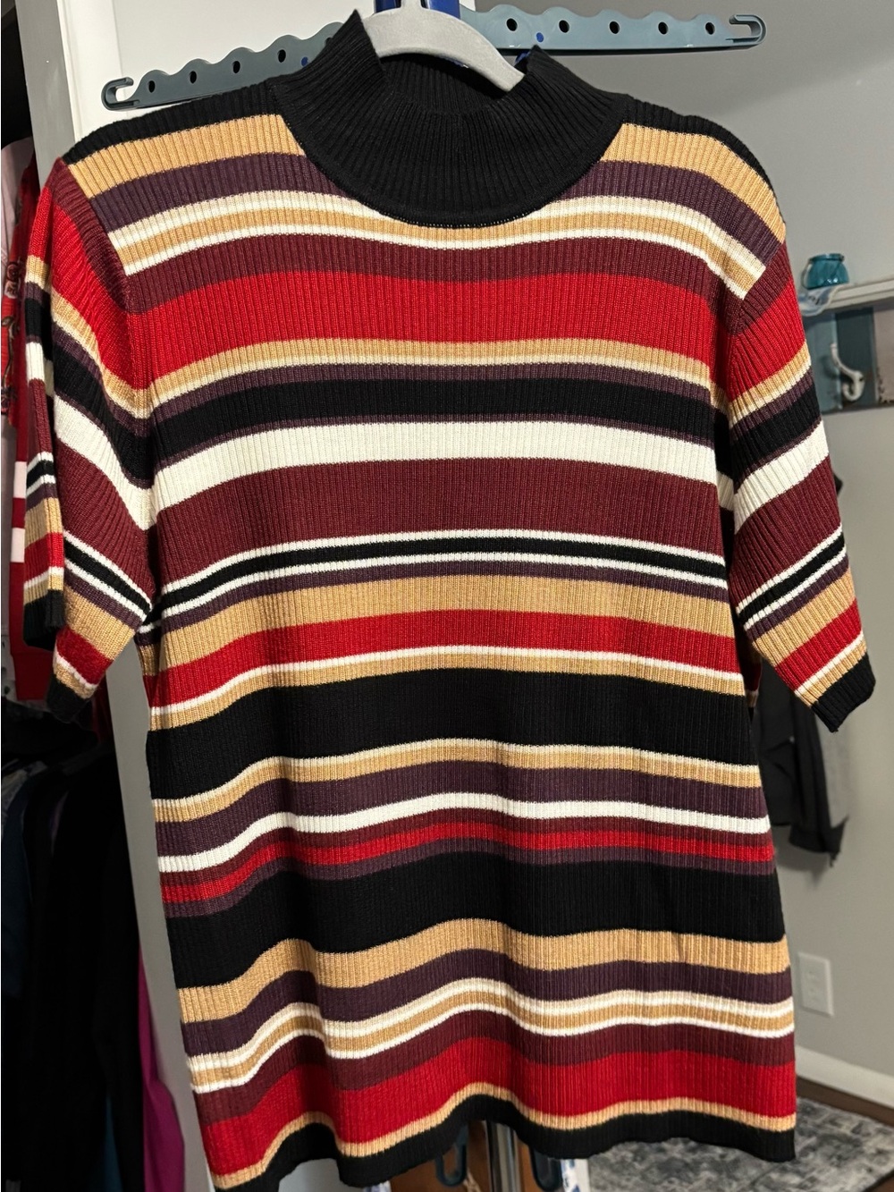 Sag Harbor Black, Red, Cream & Tan Striped Turtleneck Sweater